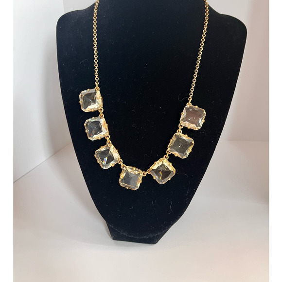 J.Crew Gold tone Statement Necklace Clear Faceted Candy Square 17"-20" EUC - Picture 1 of 7